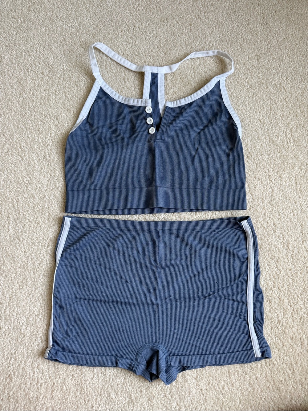 Colsie Ribbed Tank and Shorts Set in Dusty Blue with White Trim